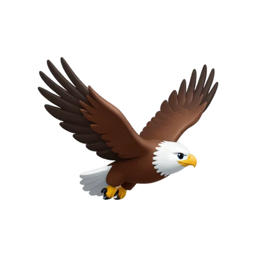 One bald eagle flying with wings fully spread, white head, brown body, yellow talons tucked, no sky, shadow, or scenery.