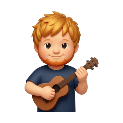 Ed Sheeran holding one small brown acoustic guitar diagonally across his upper body with both hands, wearing a dark blue T-shirt