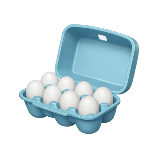 Open pale blue paper carton with six white eggs