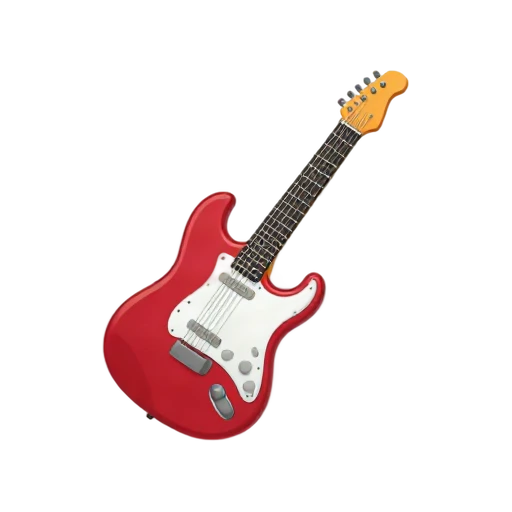 One glossy red electric guitar angled diagonally, white pickguard, six strings, no hand, shadow, or scenery.