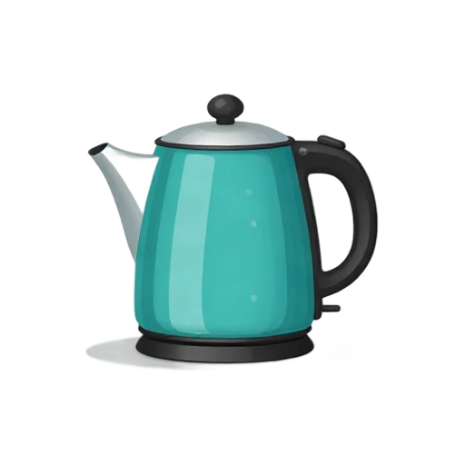 One glossy teal electric kettle in side three-quarter view, black handle, short spout, silver lid knob, and small base, no steam, counter, shadow, or scenery.