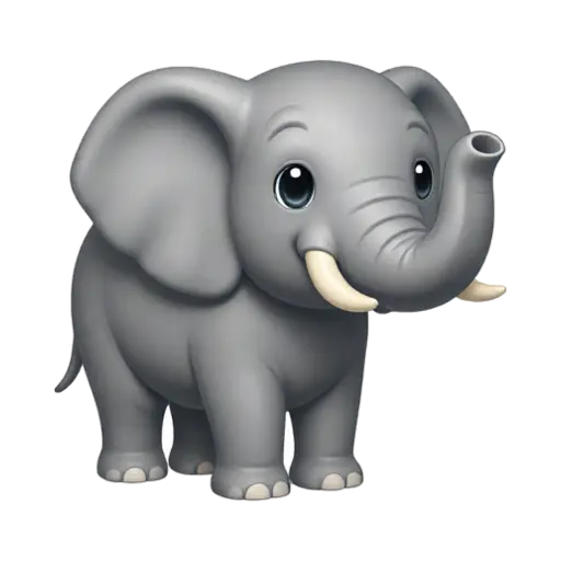 One friendly gray elephant standing in three-quarter view, large ears, short ivory tusks, raised trunk, sturdy legs, no background.