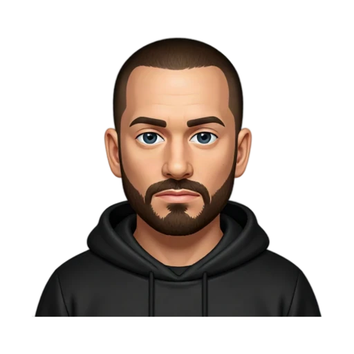 Eminem smiling in a black hoodie