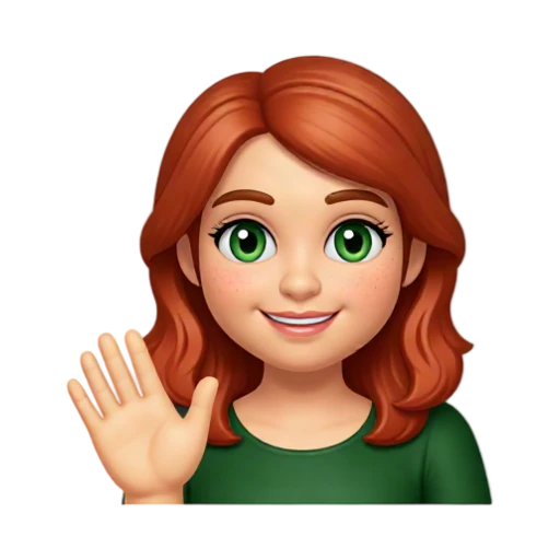 Emma Stone, raising one open hand beside her shoulder in a wave, wearing a dark green top