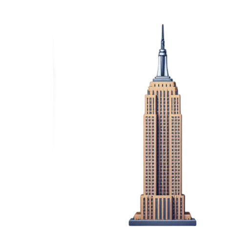 stepped Art Deco shaft and antenna, depicting Empire State Building.