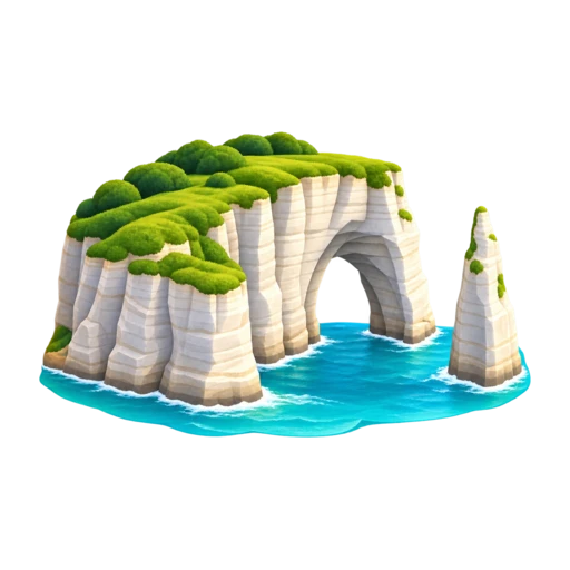 white chalk sea arch and slender rock needle, depicting Étretat Arch.