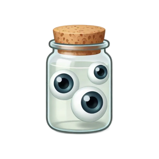 Glass specimen jar with floating cartoon eyeballs and cork lid
