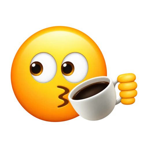 Side-eye yellow face sipping coffee from a white mug