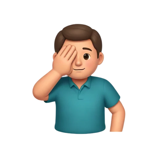 One adult person in a teal shirt doing a clear facepalm, one open hand covering their forehead and eyes, other arm relaxed, embarrassed expression partly visible, waist-up front three-quarter view, correct fingers, no text, room, shadow, or scenery.