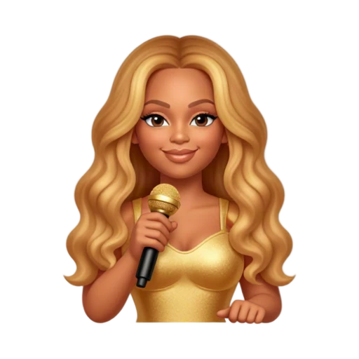 Beyoncé with long honey-blonde waves, smiling and holding one small gold microphone, waist-up portrait.
