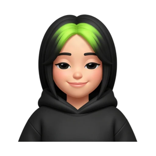 Billie Eilish with black hair and vivid green roots, wearing an oversized black hoodie and giving a relaxed closed-mouth smile, waist-up portrait.