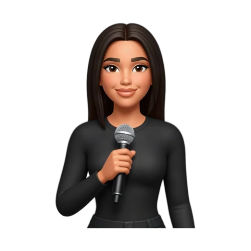 Dua Lipa with dark center-parted hair, holding a small silver microphone and giving a confident smile, waist-up portrait.