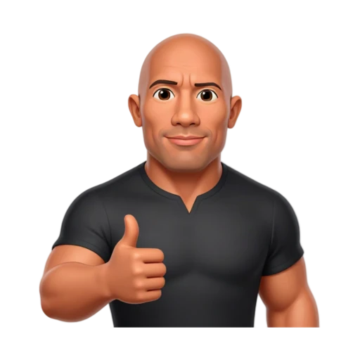 Dwayne Johnson with a bald head, wearing a black shirt, raising one eyebrow and giving a thumbs-up, waist-up portrait.