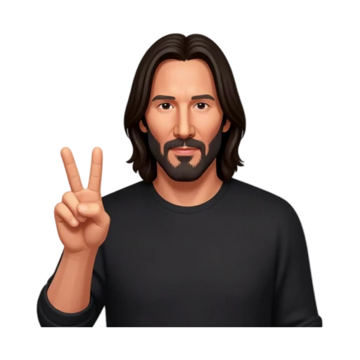Keanu Reeves with shoulder-length dark hair and a short beard, wearing a black shirt and making one peace sign, waist-up portrait.