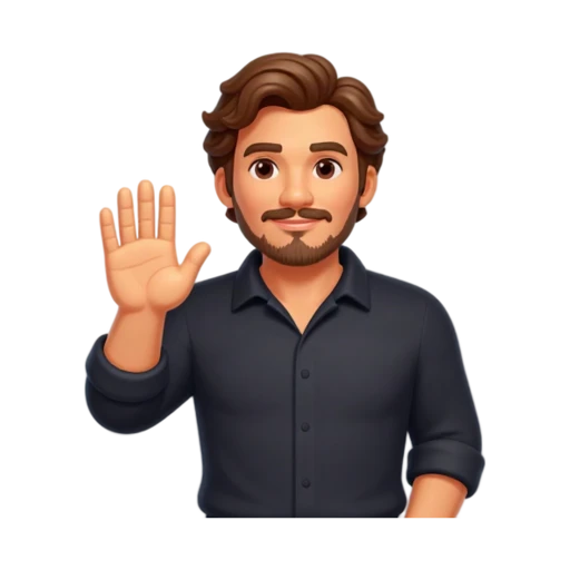 Pedro Pascal with wavy brown hair, mustache and short beard, waving with one open hand, waist-up portrait.