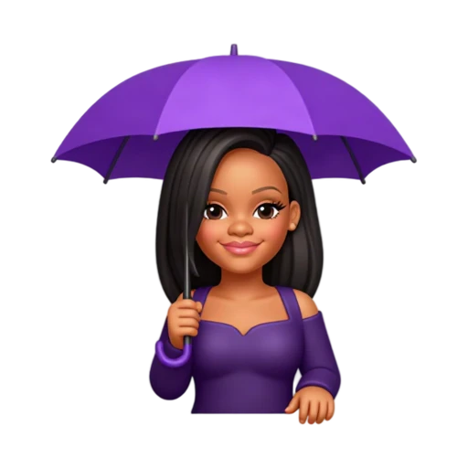 Rihanna with dark hair, holding one small purple umbrella and smiling, waist-up portrait.