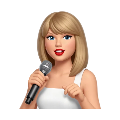 Taylor Swift with blonde hair and her straight fringe, red lipstick, holding a small silver microphone, waist-up portrait.