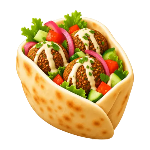 Folded pita pocket enclosing three falafel balls