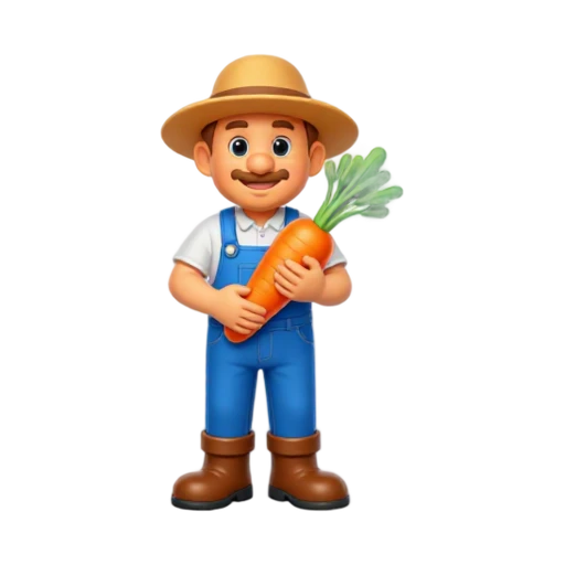 Farmer in overalls holding an orange carrot