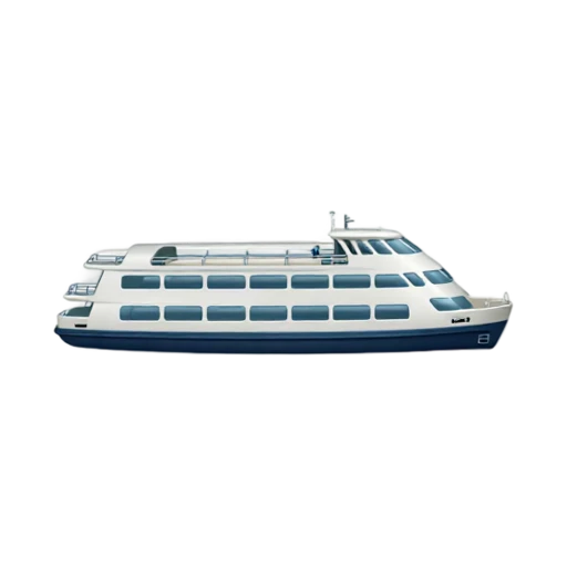 Ferry Boat with wide two-deck hull and rows of passenger windows