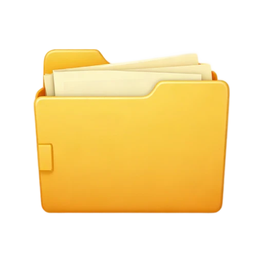 One open yellow file folder in three-quarter view with three blank cream papers peeking out, clean tab edge, no readable text, desk, hand, shadow, or scenery.