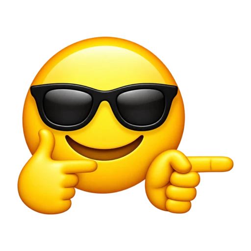 Smiling yellow face in black sunglasses with two finger-gun hands pointing right