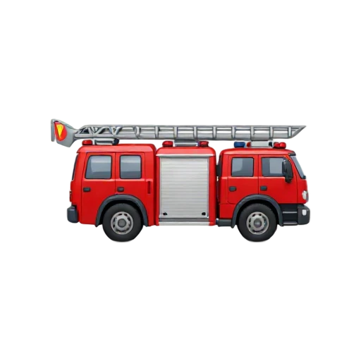 One bright red fire truck in side three-quarter view with folded silver ladder, no firefighter, shadow, or scenery.