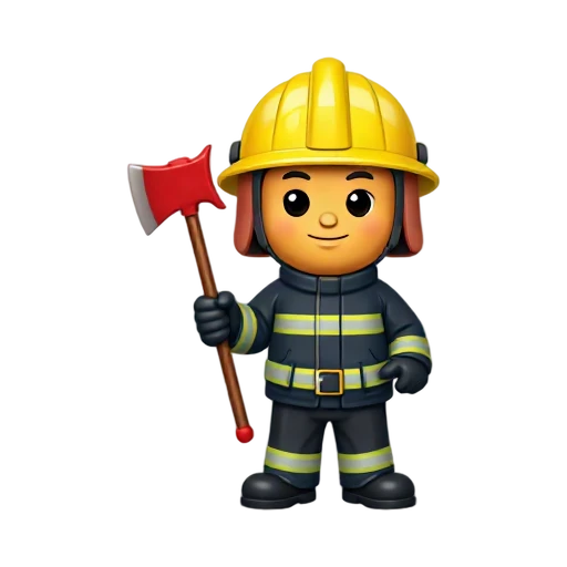 Firefighter in yellow helmet holding a fire axe