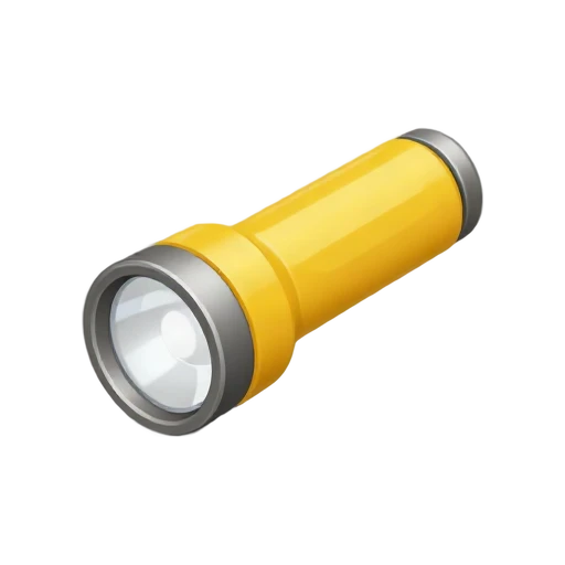 One yellow flashlight angled diagonally with silver rim and soft white lens, no hand, shadow, or scenery.