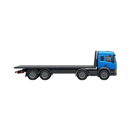 Flatbed Truck with long open flat cargo platform and small blue cab