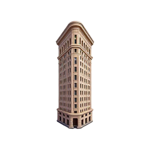 thin triangular stone wedge and ornate limestone facade, depicting Flatiron Building.