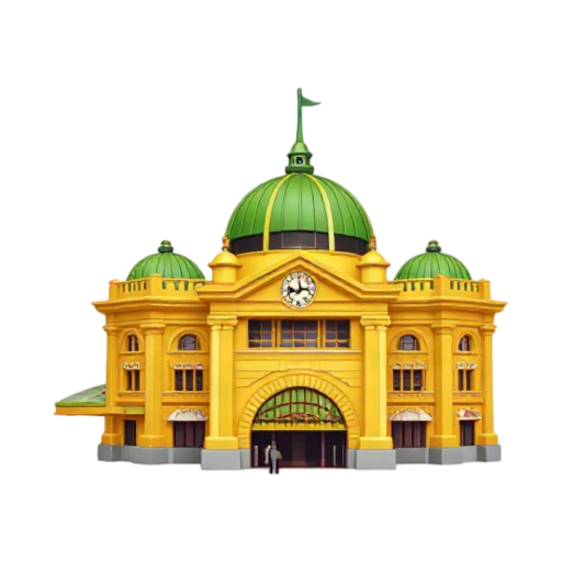 yellow station facade and green central dome and row of clocks, depicting Flinders Street Station.