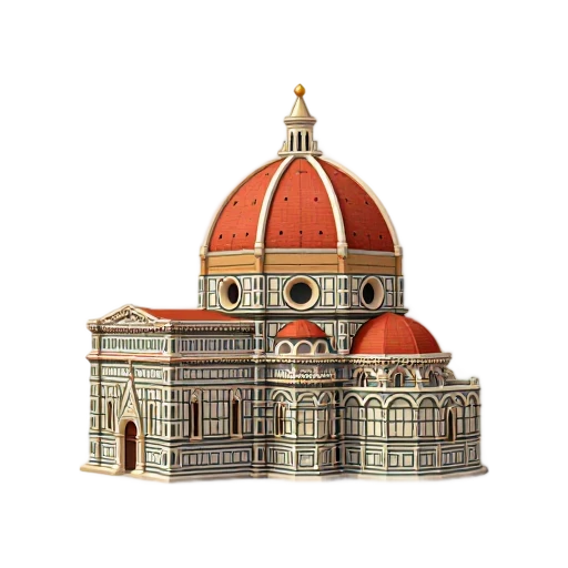 terracotta red dome and colored marble facade, depicting Florence Cathedral.