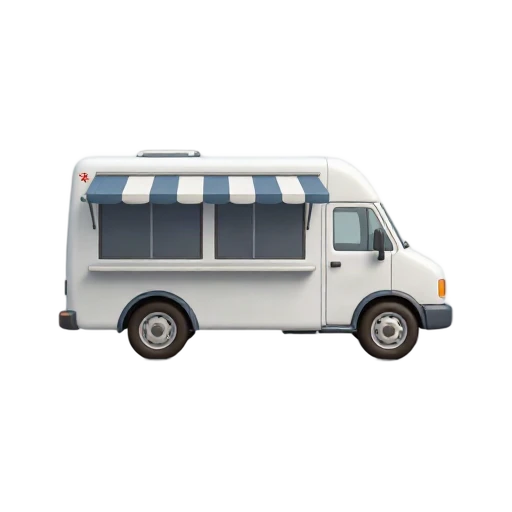 Food Truck with large open service window and striped serving awning