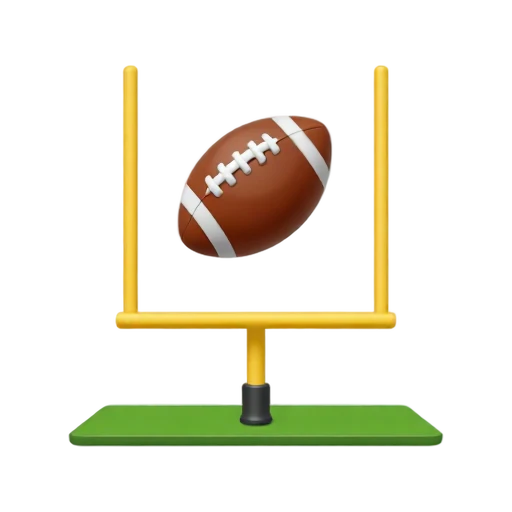 Football kicked from a tee through yellow goalposts