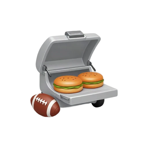 Silver tailgate grill with burgers and football