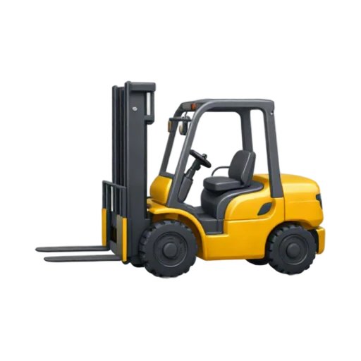 One yellow warehouse forklift with raised black forks, no driver, pallet, shadow, or scenery.