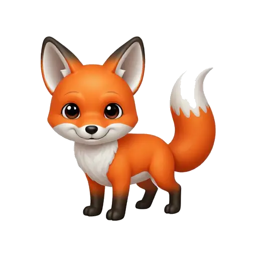 One orange red fox standing in three-quarter view with pointed ears, white chest, black paws, and a large white-tipped tail, no background.