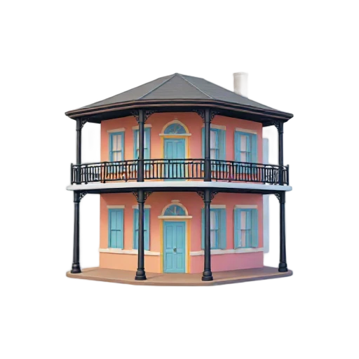 ornate black iron balcony and pastel townhouse facade, depicting French Quarter Balcony.