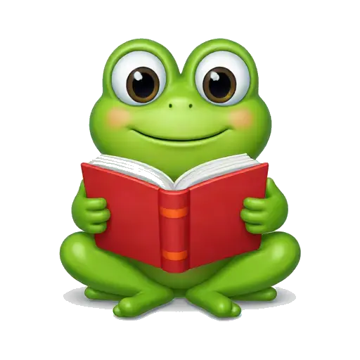 Green frog reading a red book