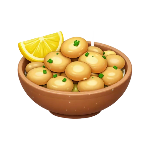 Bowl of ful medames fava beans with parsley and a lemon wedge