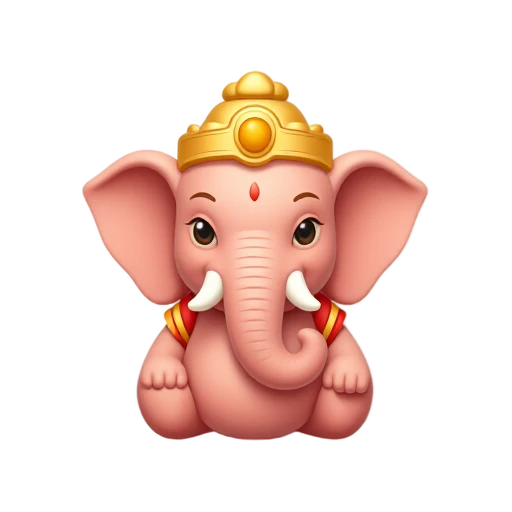 Ganesha portrait with large elephant ears, curled trunk, golden crown, and red forehead tilak