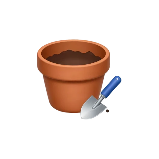 Terracotta flowerpot with soil and garden hand trowel