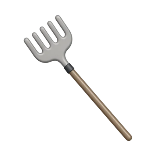 Garden Rake with long wooden handle and wide curved metal tines