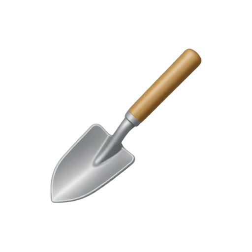 Garden trowel with pointed metal scoop and short wooden grip