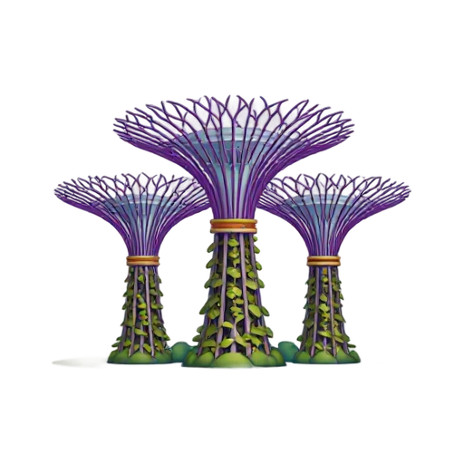 giant tree-shaped metal structures and branching vertical gardens, depicting Gardens by the Bay Supertrees.