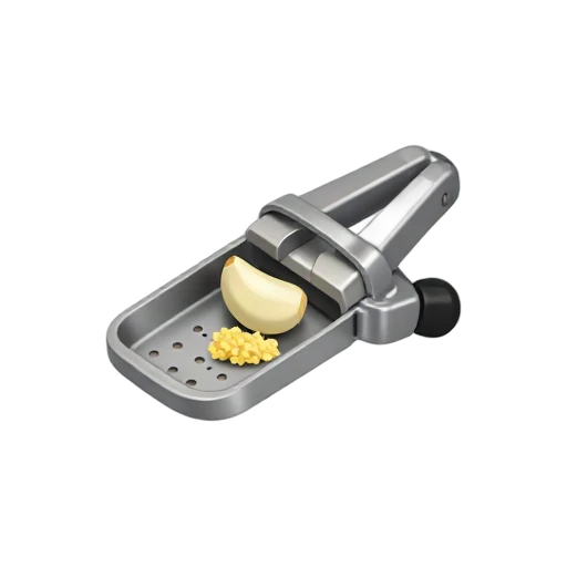 Stainless garlic press with crushed garlic