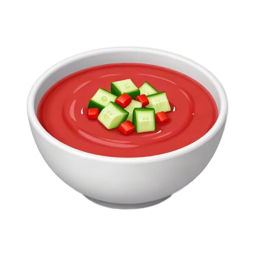 Bowl of chilled red gazpacho with diced cucumber topping