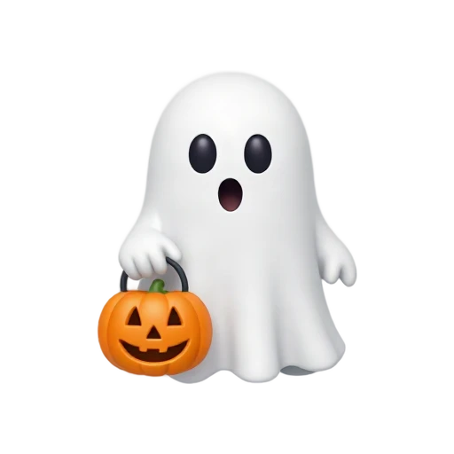 White ghost holding an orange pumpkin candy pail