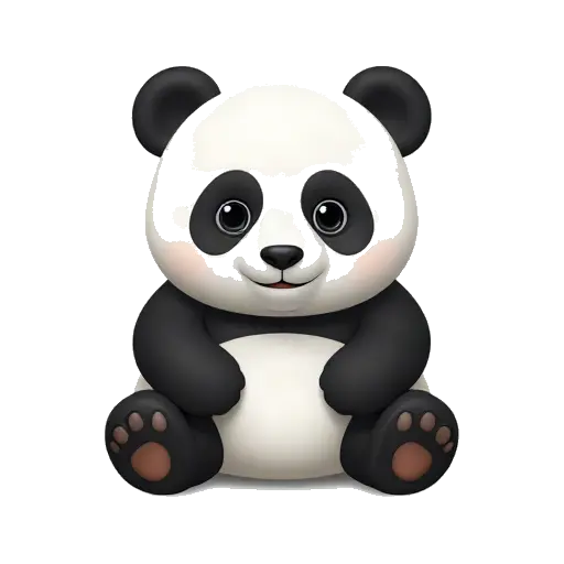 One fluffy black-and-white giant panda sitting upright, round ears, black eye patches, pale belly, and visible paws, no background.